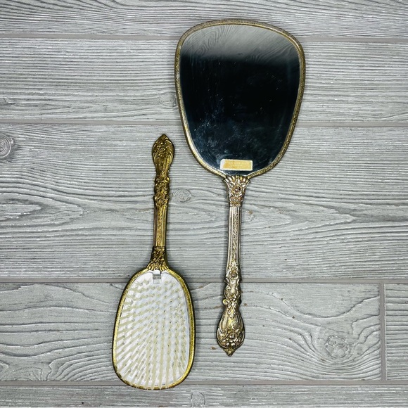Rare 1950s Matson Vanity Hand Mirror Hair Brush Set rose flower 24k Gold Plated - Picture 6 of 16